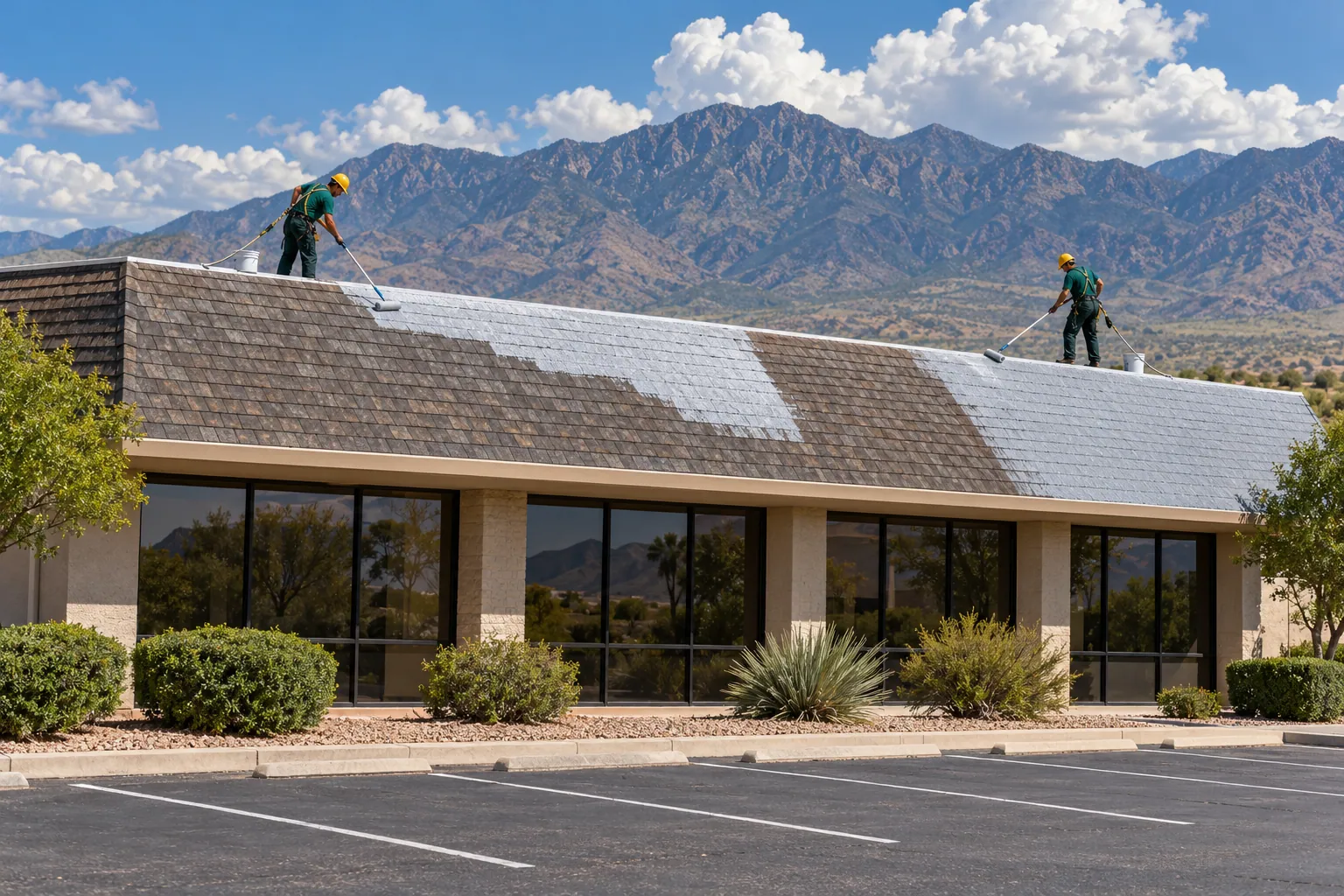 Roofers coating the shingled mansard of a single-story office building