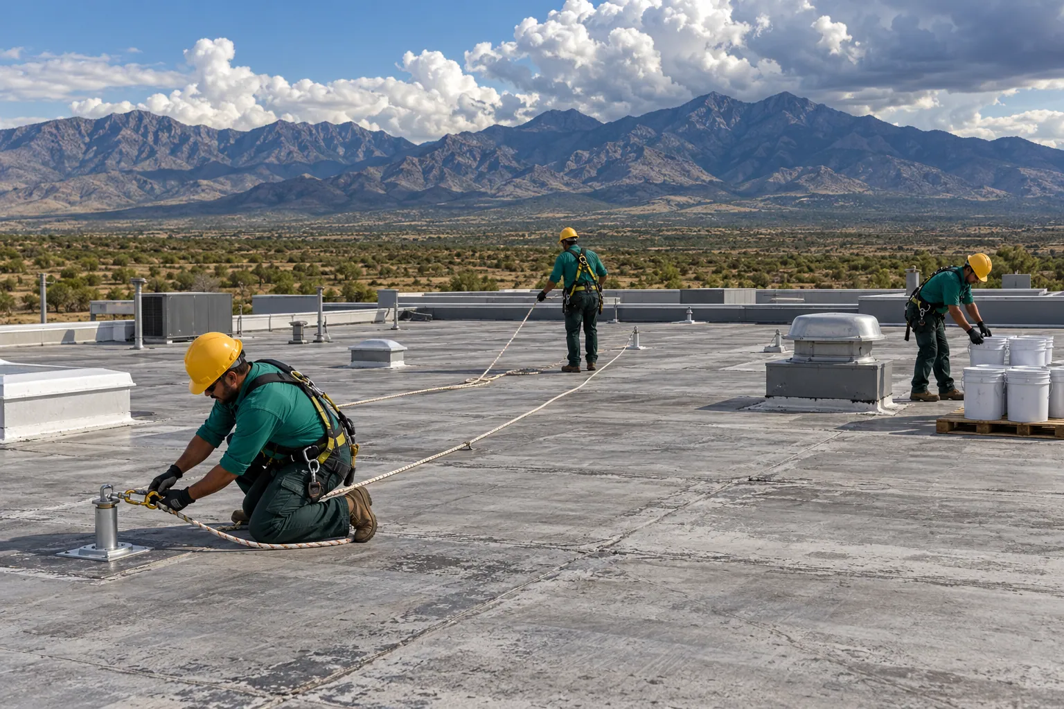 Roofers snapping layout lines and staging coating buckets on a flat commercial roof